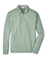 The Peter Millar Crown Comfort Pullover is a light green quarter-zip sweater crafted from a soft cotton-modal blend with a standing collar and long sleeves, offering the perfect lightweight layer, shown on a white background.