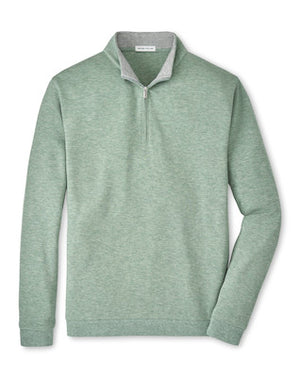 The Peter Millar Crown Comfort Pullover is a light green quarter-zip sweater crafted from a soft cotton-modal blend with a standing collar and long sleeves, offering the perfect lightweight layer, shown on a white background.