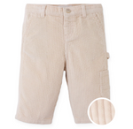 The Gingersnaps Baby Carmine Corduroy Utility Pant features front pockets, a side cargo pocket, and a beige vertical ribbed corduroy texture for a comfortable street style vibe—shown here with close-up fabric details reminiscent of classic corduroy pants.