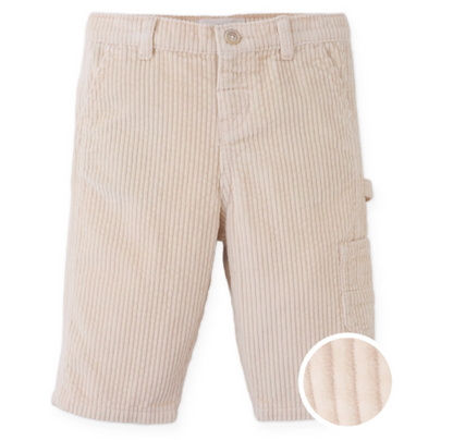 The Gingersnaps Baby Carmine Corduroy Utility Pant features front pockets, a side cargo pocket, and a beige vertical ribbed corduroy texture for a comfortable street style vibe—shown here with close-up fabric details reminiscent of classic corduroy pants.