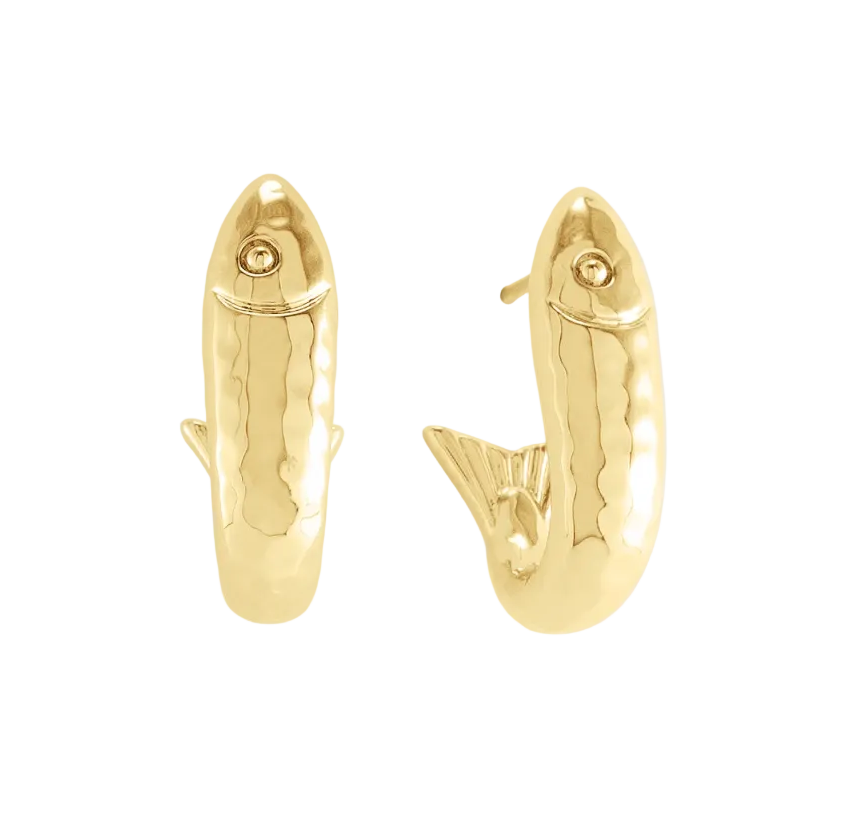Milos Fish Hoop Earrings: A pair of 18K gold-plated hoop earrings shaped like fish with textured bodies.