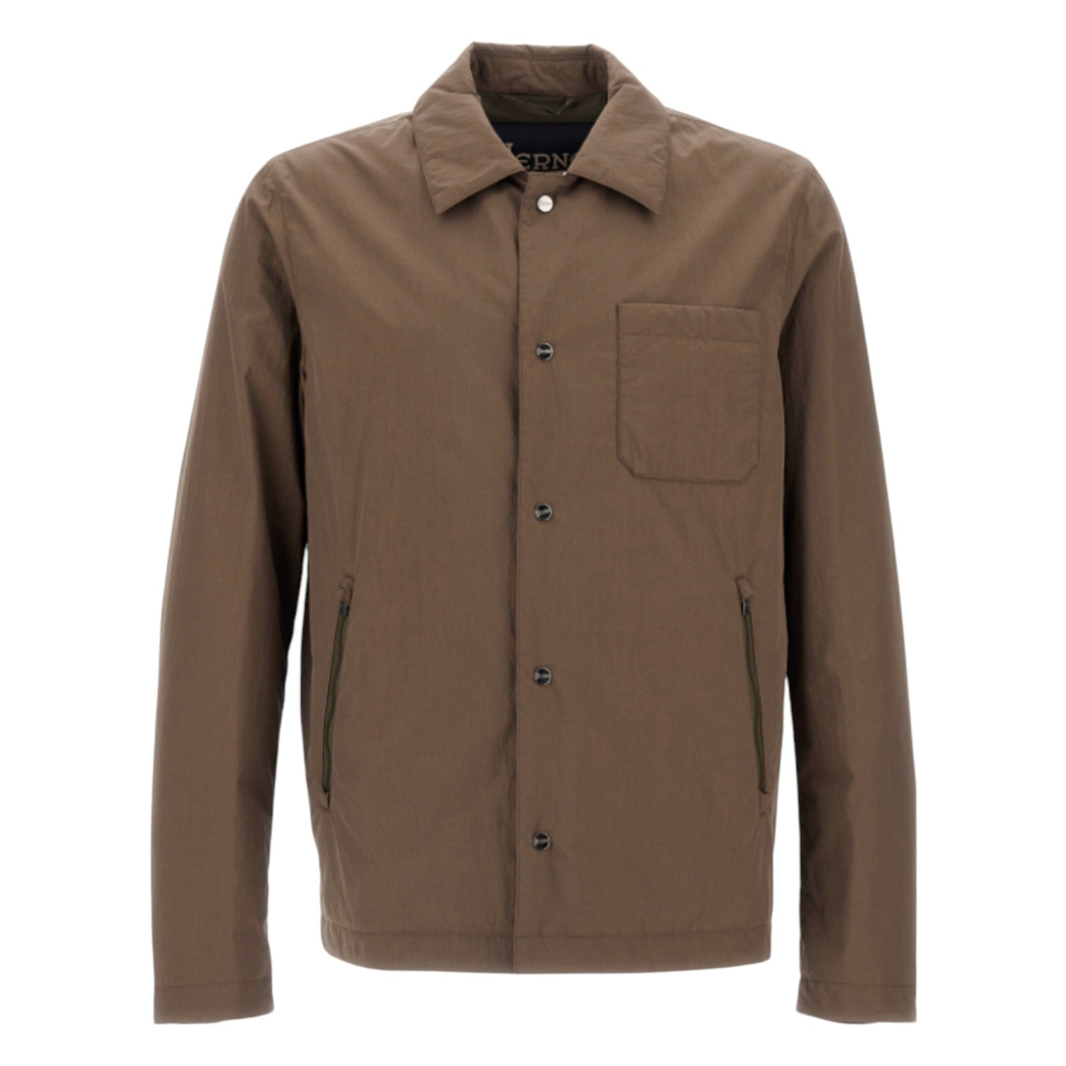 The Herno Crinkle Cotton Shirt Jacket is a brown, long-sleeve button-up with a collar, single chest pocket, and two zippered side pockets, featuring a minimalist design and shown on a plain white background.