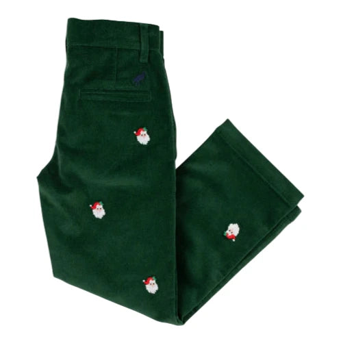 A pair of Boys' Critter Prep School Corduroy Pants from The Beaufort Bonnet Company, featuring green fabric with small embroidered Santa Claus faces.