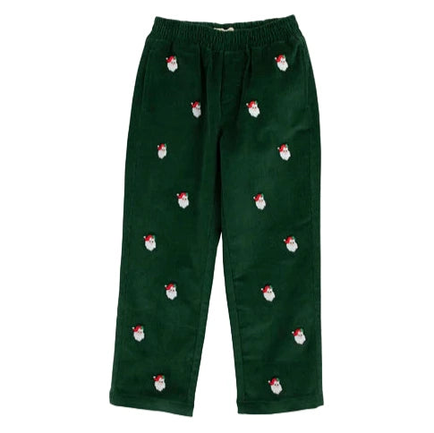 The Beaufort Bonnet Company's Baby Boys' and Boys' Critter Sheffield Corduroy Pants feature dark green corduroy, an elastic waistband, and festive embroidered Santa faces—ideal for holiday celebrations.
