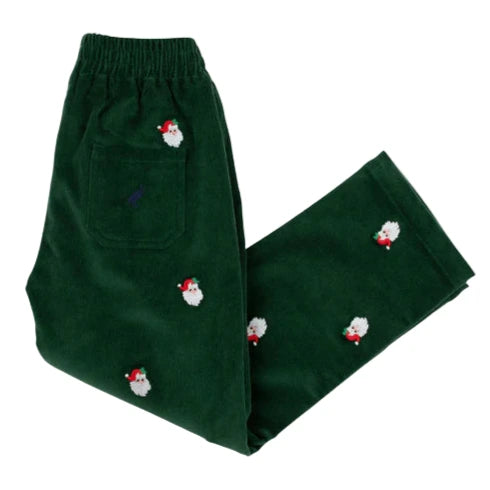 The Beaufort Bonnet Company Baby Boys' and Boys' Critter Sheffield Corduroy Pants in dark green feature an elastic waistband and festive embroidered Santa Claus faces—perfect for holiday celebrations.