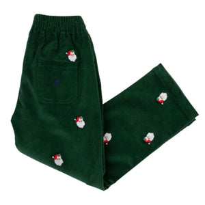The Beaufort Bonnet Company Baby Boys' and Boys' Critter Sheffield Corduroy Pants in dark green feature an elastic waistband and festive embroidered Santa Claus faces—perfect for holiday celebrations.
