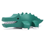 Halftoys Safari Friends green plastic crocodile toy, with visible teeth and detailed body, isolated on a white background.