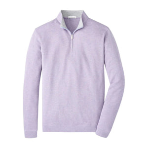 The Peter Millar Crown Comfort Pullover is a light purple quarter-zip sweater with long sleeves, a stand-up collar, and visible zipper, offering sweatshirt-like comfort and shown on a white background.