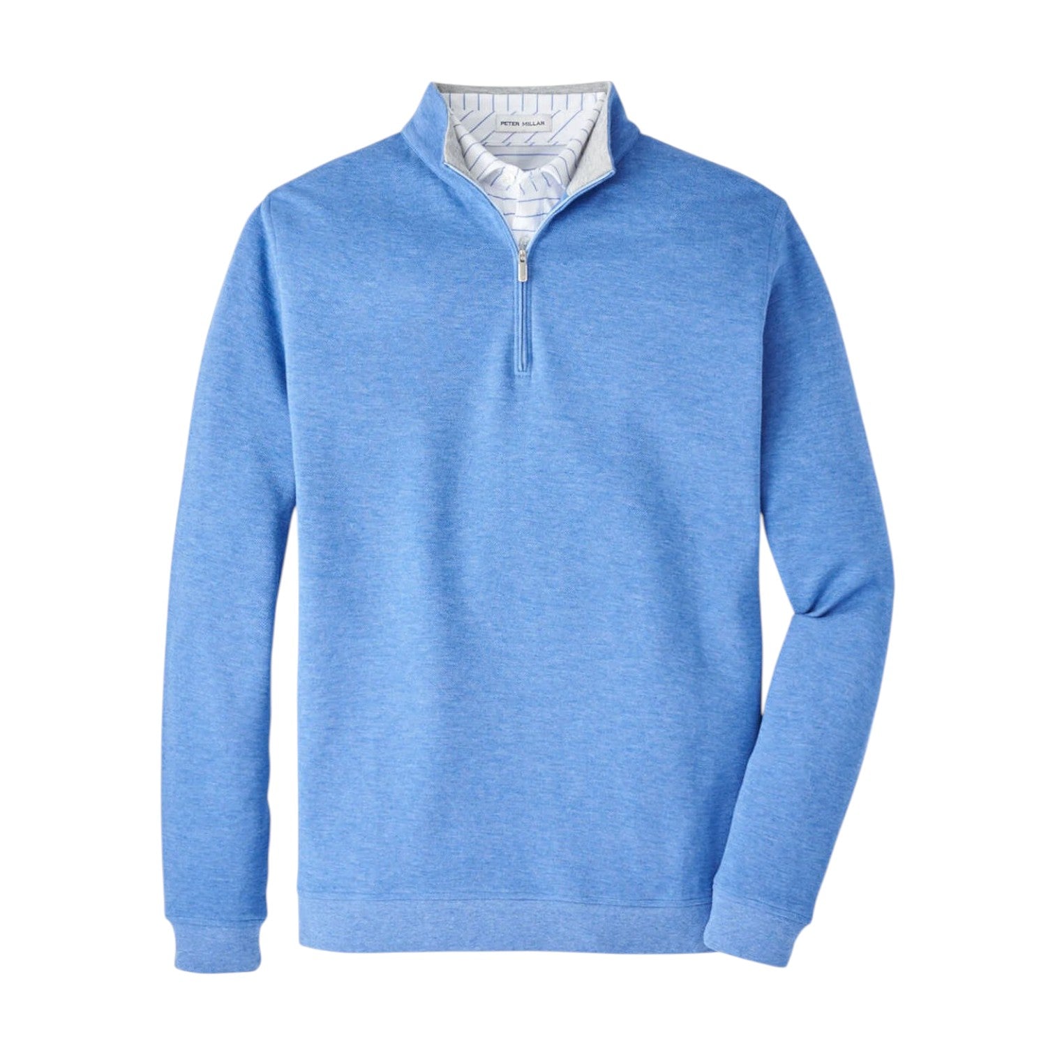 The Peter Millar Crown Comfort Pullover is a light blue quarter-zip sweatshirt made from a soft cotton-modal blend, featuring a white and blue striped inner collar, shown on a plain white background.