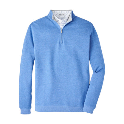 The Peter Millar Crown Comfort Pullover is a light blue quarter-zip sweatshirt made from a soft cotton-modal blend, featuring a white and blue striped inner collar, shown on a plain white background.