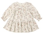 The Quincy Mae Baby Girls’ and Girls’ Tiered Jersey Dress is a long-sleeve, cream-colored dress for toddlers featuring a ruffled hem and an all-over delicate floral print in soft pink and beige tones.