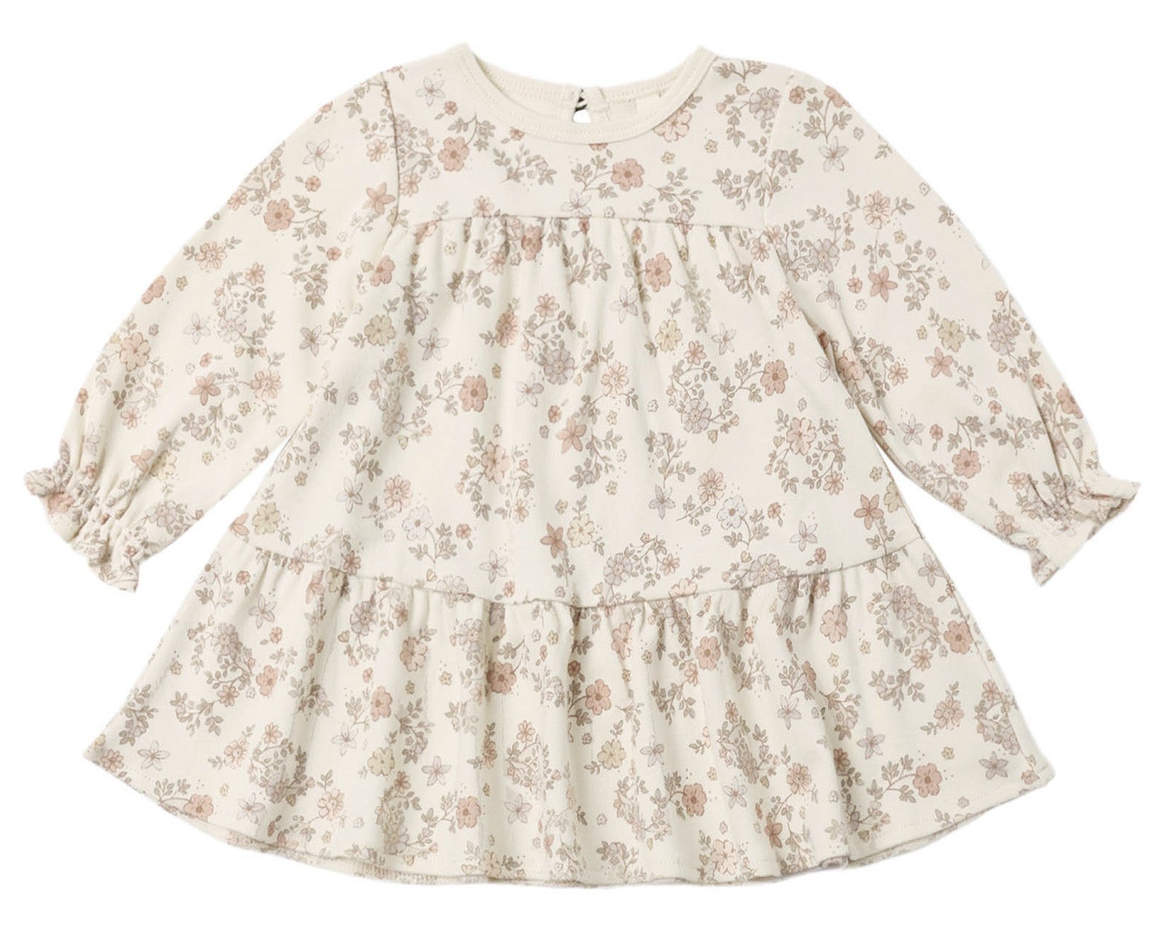 The Quincy Mae Baby Girls’ and Girls’ Tiered Jersey Dress is a long-sleeve, cream-colored dress for toddlers featuring a ruffled hem and an all-over delicate floral print in soft pink and beige tones.