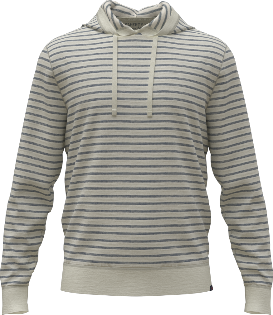 The Sunwashed Slub Hoodie by Faherty features a light color, long sleeves, thin gray stripes, relaxed fit, drawstring hood, and is crafted from high-quality cotton.