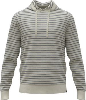 The Sunwashed Slub Hoodie by Faherty features a light color, long sleeves, thin gray stripes, relaxed fit, drawstring hood, and is crafted from high-quality cotton.
