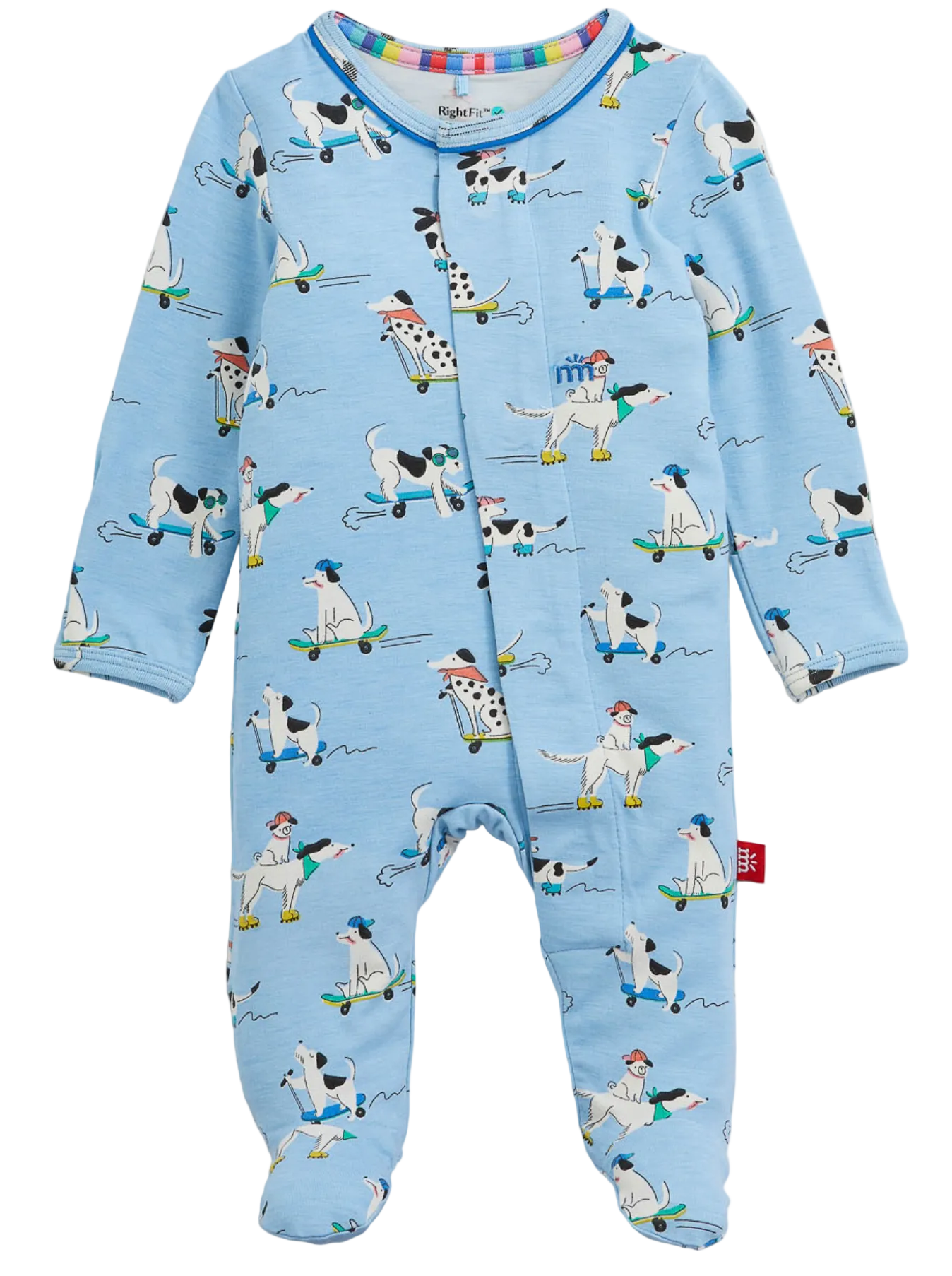 The Magnetic Me Baby Boys’ Ruff Riders Footie is a blue onesie crafted from naturally flame-retardant RightFit fabric, featuring a playful print of dogs wearing hats—some riding skateboards and others standing. It offers a front snap closure and a loose-fitting Footie design for added comfort.