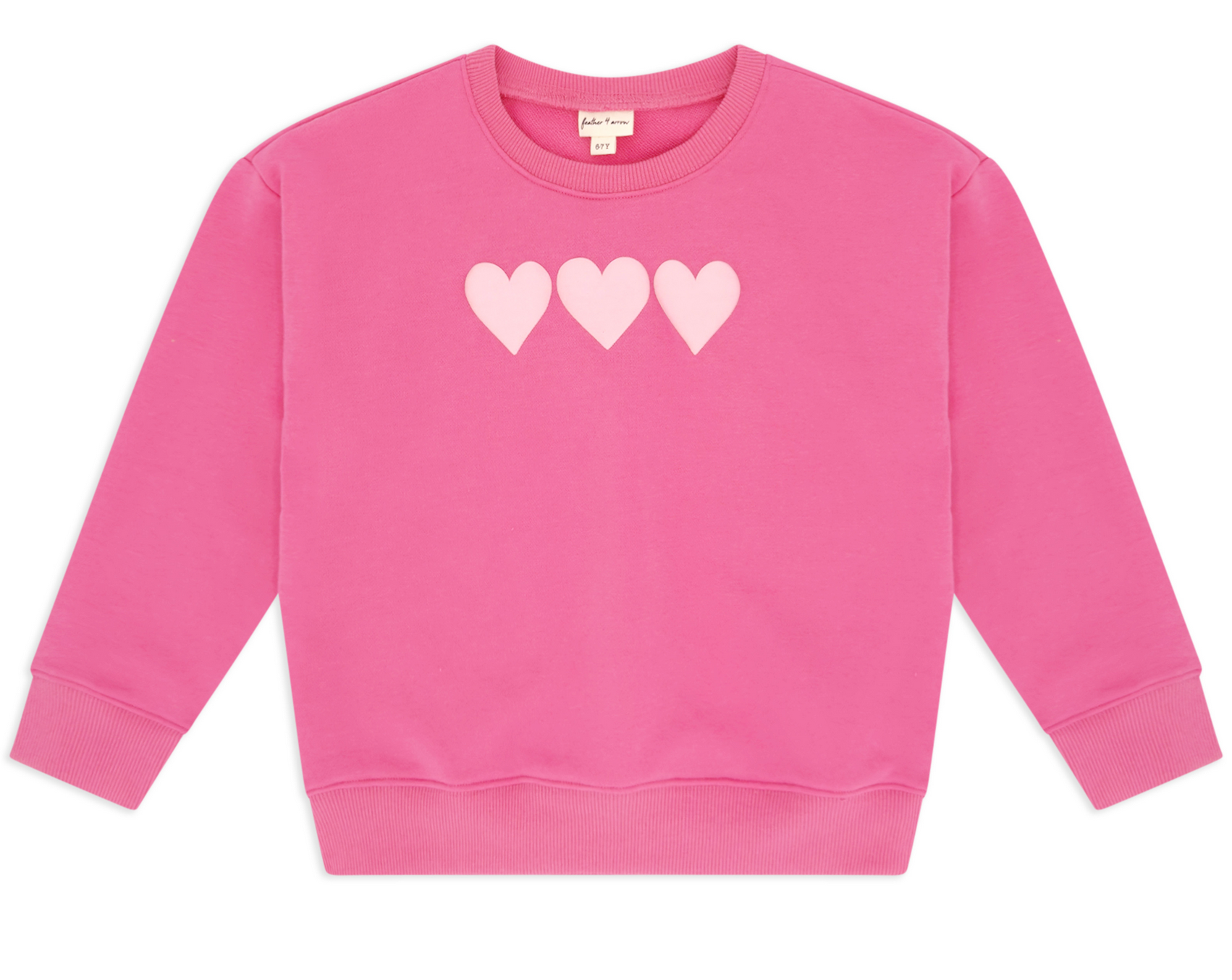 The Feather 4 Arrow Baby Girls’ and Girls’ Weekend Sweatshirt features a trendy puff print design with three light pink heart shapes across the chest.