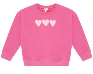 The Feather 4 Arrow Baby Girls’ and Girls’ Weekend Sweatshirt features a trendy puff print design with three light pink heart shapes across the chest.