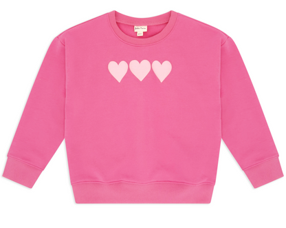 The Feather 4 Arrow Baby Girls’ and Girls’ Weekend Sweatshirt features a trendy puff print design with three light pink heart shapes across the chest.