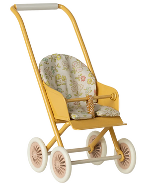 Maileg’s Yellow Stroller - Micro features a floral-patterned seat, four white wheels, and a handlebar—perfectly designed as a doll buggy for micro-sized bunnies, stuffed animals, or other toys.