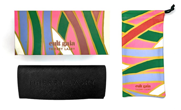 A colorful Cult Gaia Thierry Lasry glasses case box, a protective pouch with a similar design, and a black textured Thierry Lasry Jaya Sunglasses case make up the exquisite additions to any eyewear collection.