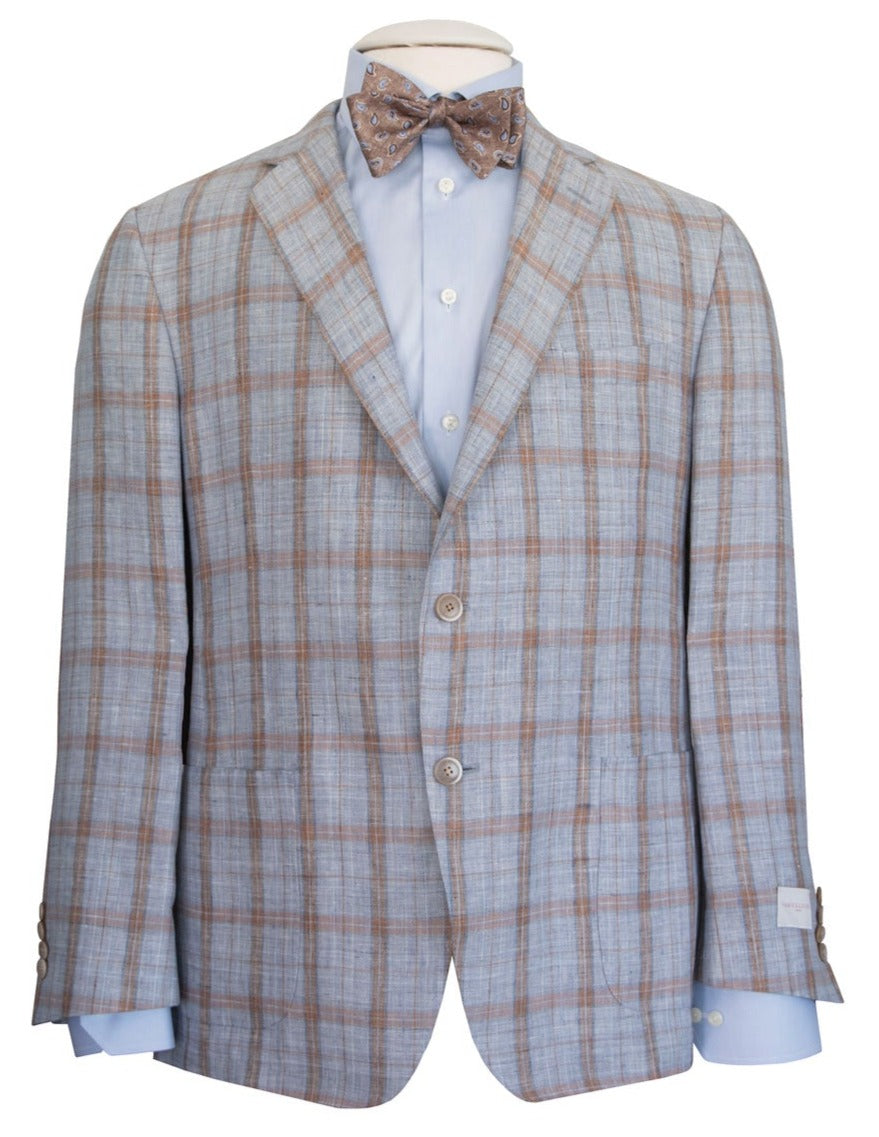 The Samuelsohn Super Light Blazer, a light blue and tan plaid masterpiece, over a blue dress shirt paired with a brown patterned bow tie, showcases men's luxury clothing through its heritage authenticity and superior craftsmanship.