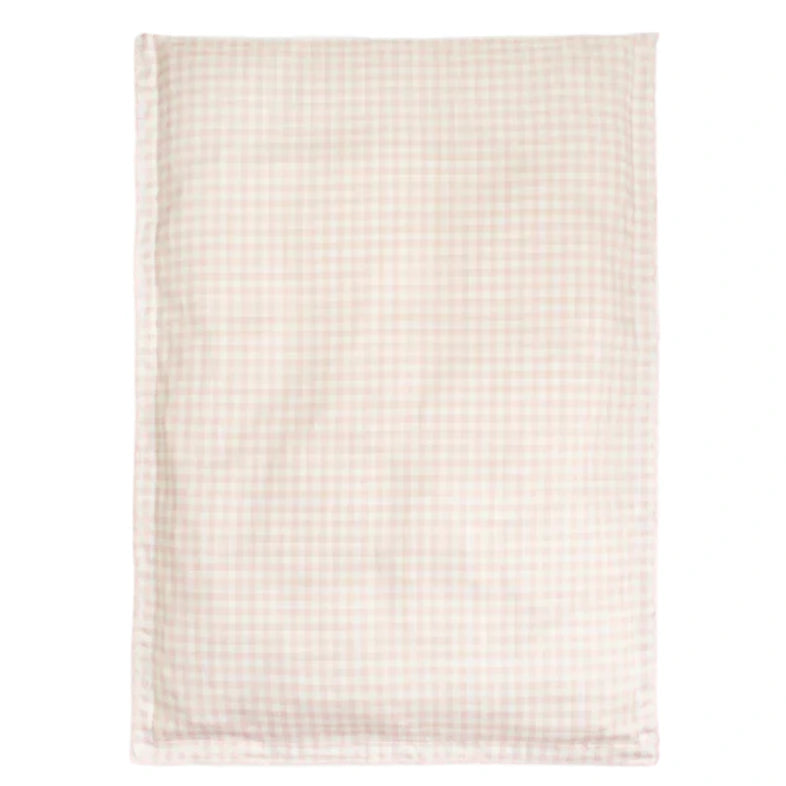 The Gooselings Picnic Gingham Pink Toddler Duvet with Insert is ideal as a cozy layer for your baby, featuring a light pink and white plaid pattern.