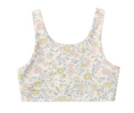 The Rylee & Cru Girls' Swift Sports Top features a scoop neck and citron bloom print, with yellow, pink, and blue flowers and green leaves on white—a pastel floral design perfect for a subtle statement.