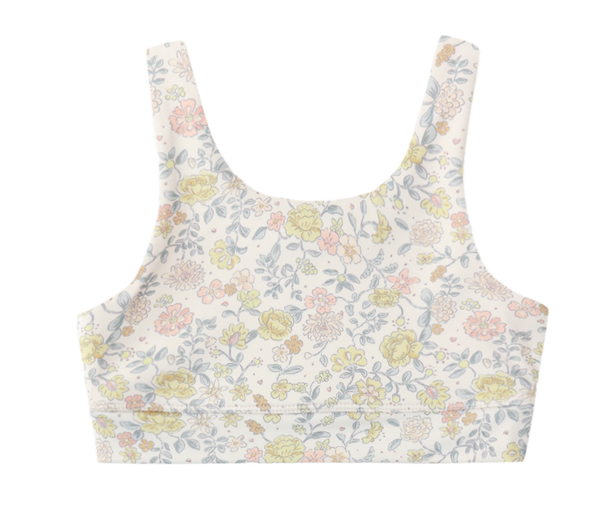 The Rylee & Cru Girls' Swift Sports Top features a scoop neck and citron bloom print, with yellow, pink, and blue flowers and green leaves on white—a pastel floral design perfect for a subtle statement.