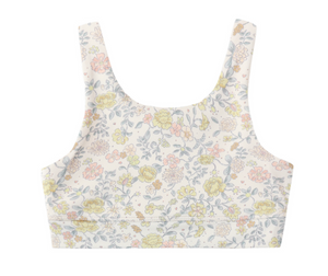 The Rylee & Cru Girls' Swift Sports Top features a scoop neck and citron bloom print, with yellow, pink, and blue flowers and green leaves on white—a pastel floral design perfect for a subtle statement.