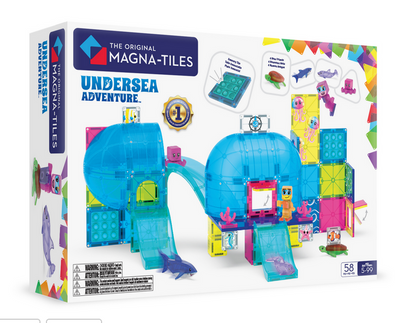 The box of the Magnatiles Undersea Adventure 58-Piece Set displays vibrant magnetic tiles, domes, sea creatures, and underwater-themed accessories; this creative set is designed for ages 5 to 99 and contains 58 pieces.