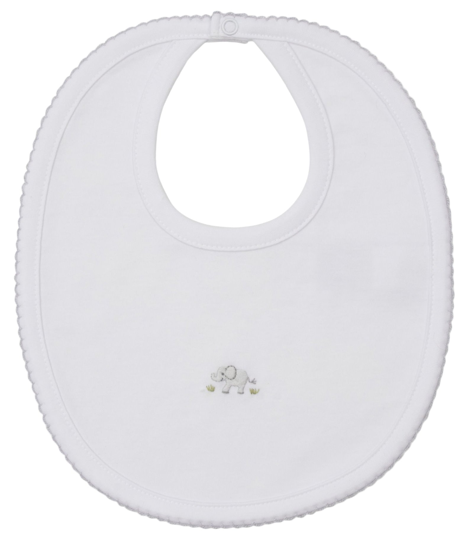 The Kissy Kissy Premier Elephant Esprit Bib with Hand Emb. is crafted from soft Pima cotton and features a small hand-embroidered grey elephant design in the center.