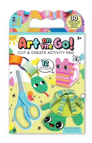 Bright Stripes Art on the Go Cut & Create is an ideal activity kit for kids ages 3 and up, featuring scissors, paper strips, colorful animal designs, and everything needed to craft 12 fun 3D projects while building scissor skills. The package displays sample crafts to inspire young creators.