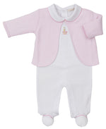 The Kissy Kissy Baby Premier Noah's Ark Footie with Jacket Set features a white Peruvian cotton collared footie with a light pink jacket and a small chest embroidery.