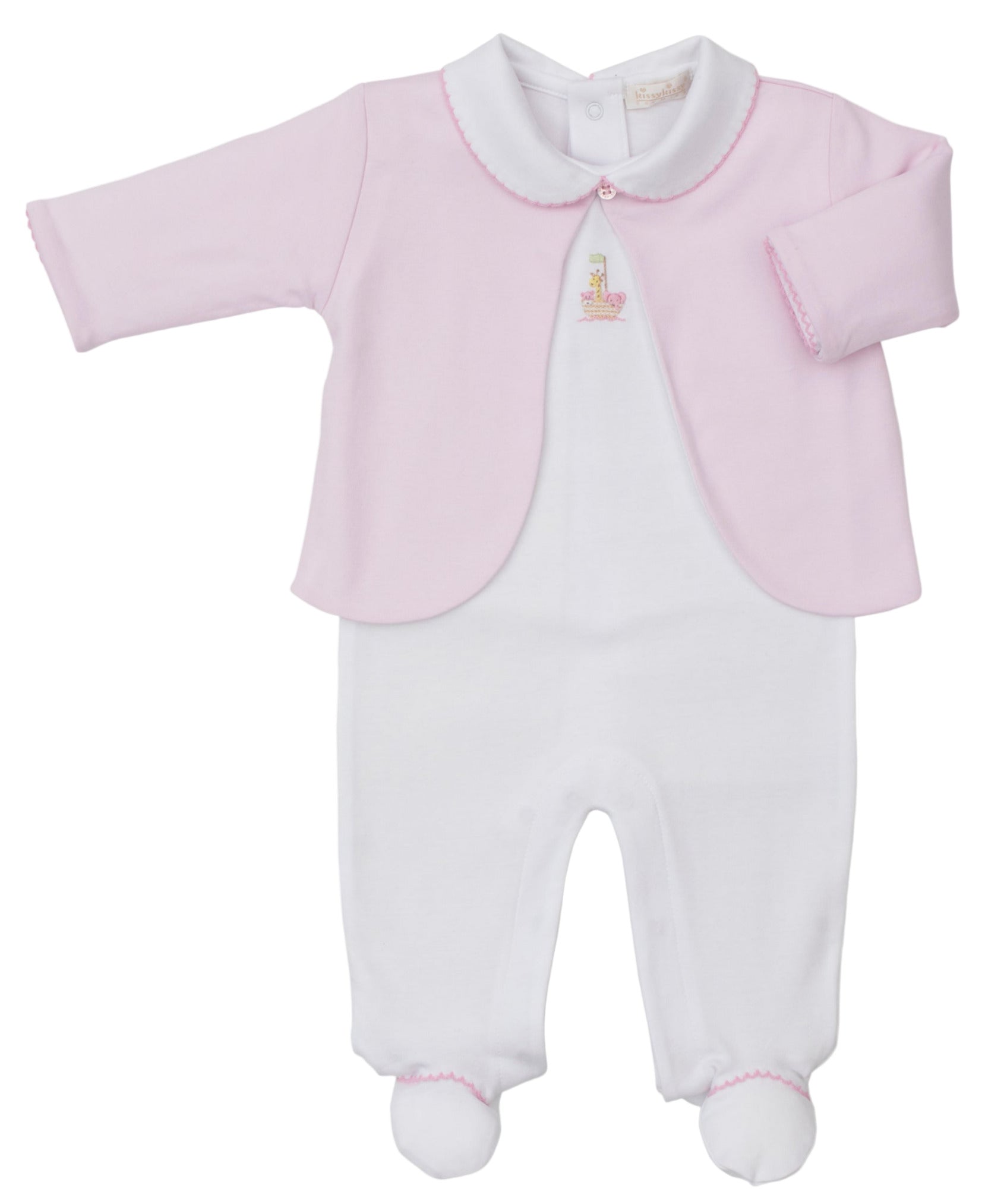 The Kissy Kissy Baby Premier Noah's Ark Footie with Jacket Set features a white Peruvian cotton collared footie with a light pink jacket and a small chest embroidery.