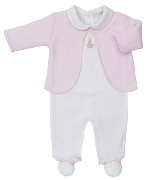 The Kissy Kissy Baby Premier Noah's Ark Footie with Jacket Set features a white Peruvian cotton collared footie with a light pink jacket and a small chest embroidery.