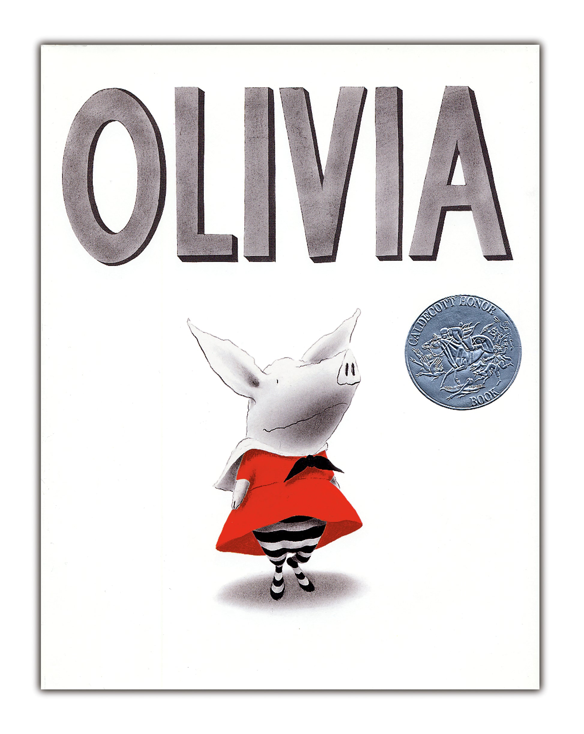 Book cover for "Olivia" by Simon & Schuster features the title above an illustrated pig in a red dress and striped leggings, plus a silver medal—ideal for fans of this classic children's story or as a delightful bedtime read.