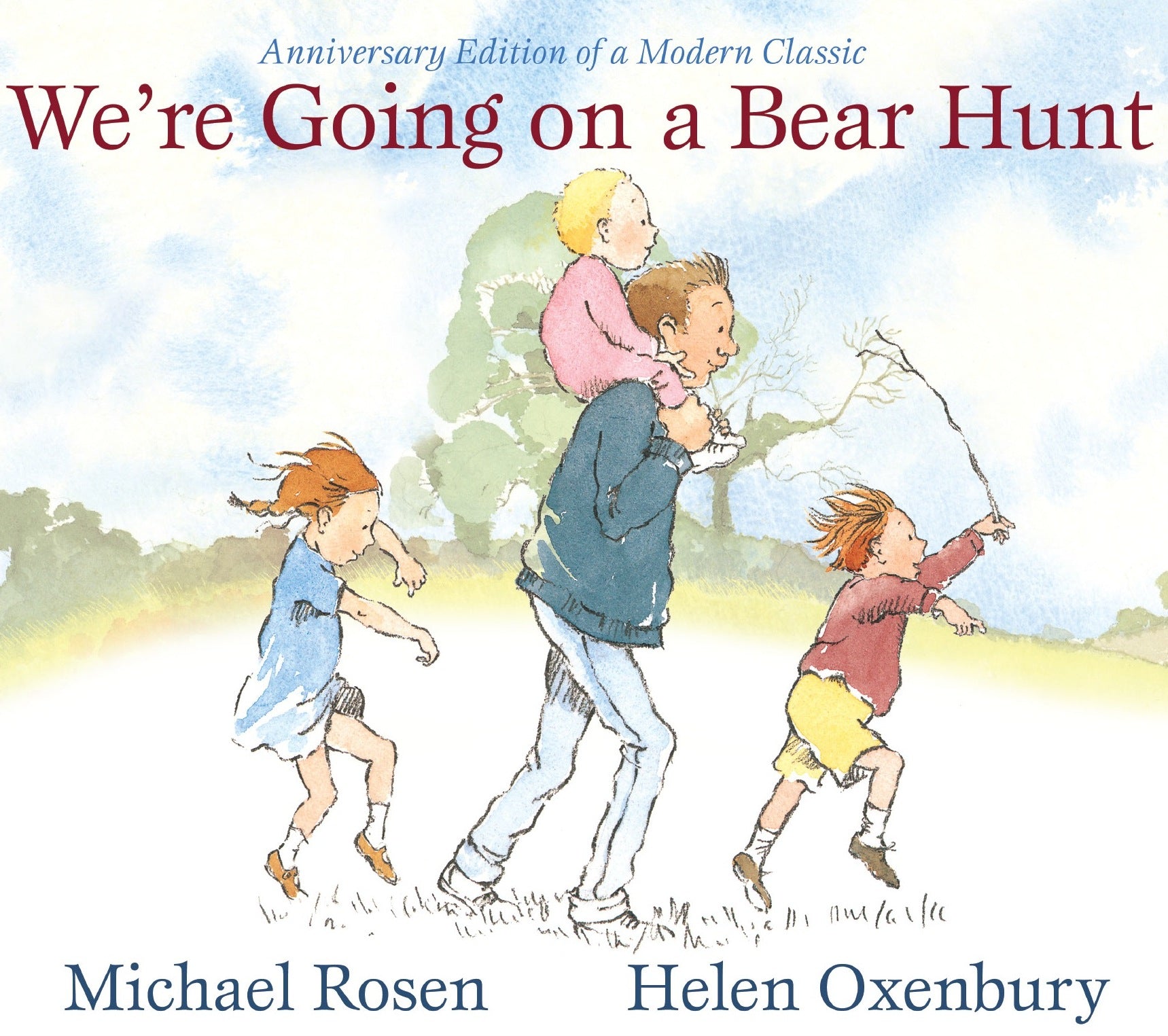 Illustration from "We’re Going on a Bear Hunt" by Simon & Schuster shows a man carrying a child on his shoulders, with three children running alongside.