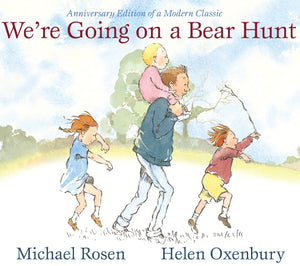 Illustration from "We’re Going on a Bear Hunt" by Simon & Schuster shows a man carrying a child on his shoulders, with three children running alongside.