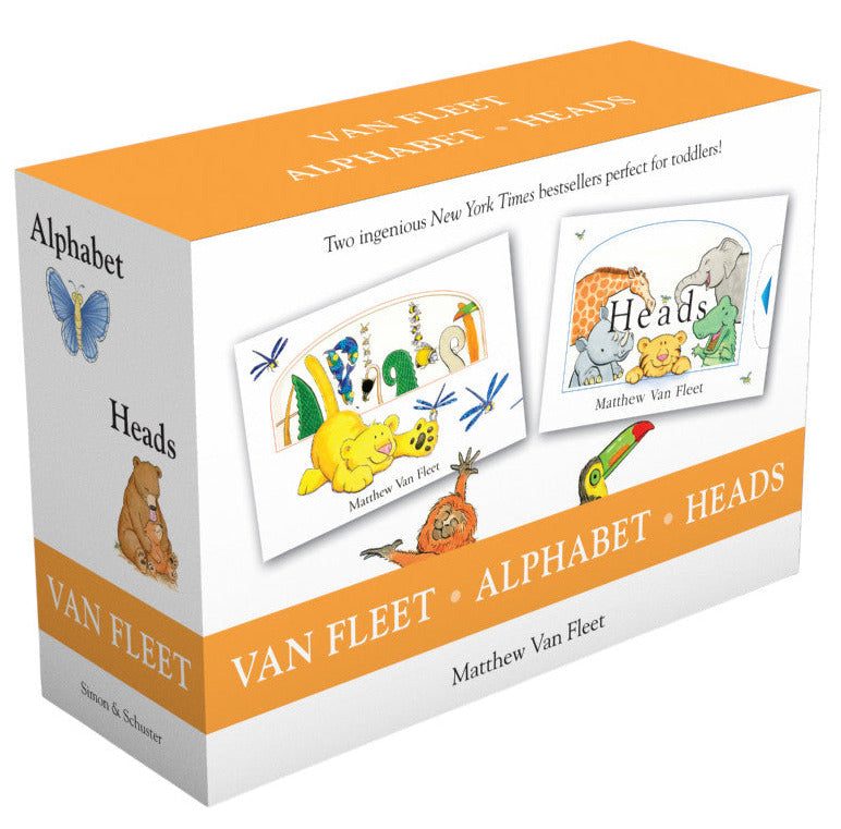 Van Fleet Alphabet Heads (Boxed Set) by Matthew Van Fleet, from Simon & Schuster—two interactive children's books with animal illustrations for an engaging ABC safari adventure.