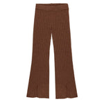 The Girls' Flare Knit Pant by Rylee & Cru features a wide elastic waistband, slight flare at the bottom, and small front side slits on each leg.
