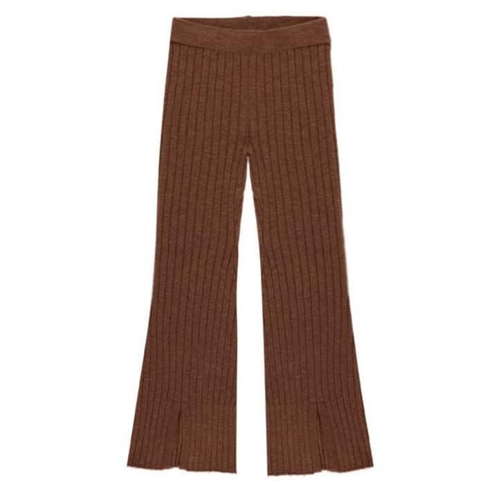 The Girls' Flare Knit Pant by Rylee & Cru features a wide elastic waistband, slight flare at the bottom, and small front side slits on each leg.