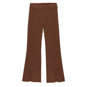 The Girls' Flare Knit Pant by Rylee & Cru features a wide elastic waistband, slight flare at the bottom, and small front side slits on each leg.