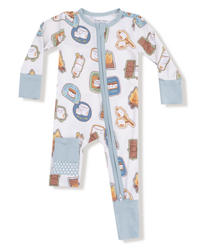 The Angel Dear Baby 2-Way Zipper Romper features long sleeves, bamboo fiber, a s'mores-themed print, and light blue cuffs on the sleeves and legs.