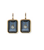 Lizzie Fortunato Tile Earrings feature a gold frame with tile inspiration and include striking dark blue stones accented by a small central gemstone detail.