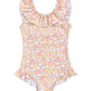 The Baby Girls' and Girls' Andrea Bathing Suit by Louise Misha is a vintage-inspired one-piece with orange and pink floral patterns, featuring charming ruffled straps and neckline.