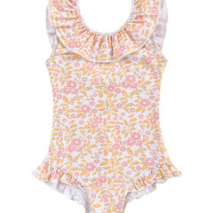 The Baby Girls' and Girls' Andrea Bathing Suit by Louise Misha is a vintage-inspired one-piece with orange and pink floral patterns, featuring charming ruffled straps and neckline.