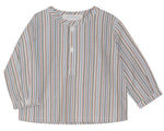 The Serendipity Baby Light Woven Peasant Shirt is a long-sleeved, button-up made from organic cotton, featuring blue, white, and brown vertical stripes and tagua nut buttons, shown on a white background.