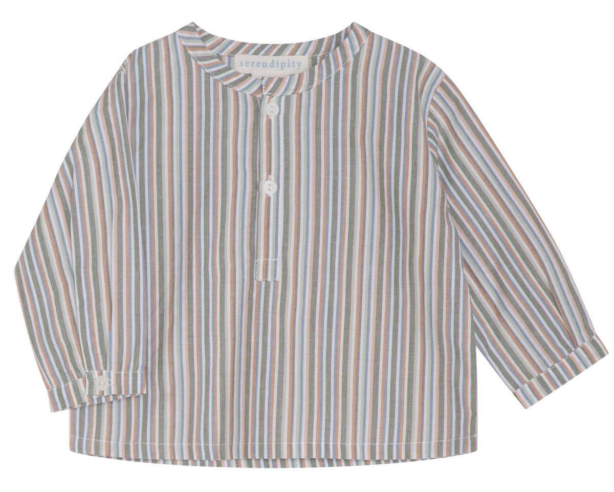 The Serendipity Baby Light Woven Peasant Shirt is a long-sleeved, button-up made from organic cotton, featuring blue, white, and brown vertical stripes and tagua nut buttons, shown on a white background.