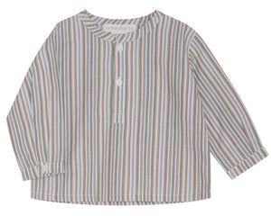 The Serendipity Baby Light Woven Peasant Shirt is a long-sleeved, button-up made from organic cotton, featuring blue, white, and brown vertical stripes and tagua nut buttons, shown on a white background.