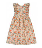 The Girls’ Arlette Dress by Louis Louise is a sleeveless, ankle-length beige cotton dress with orange and blue floral print and ruffled shoulder details—perfect as a floral ruffle dress for any special occasion.